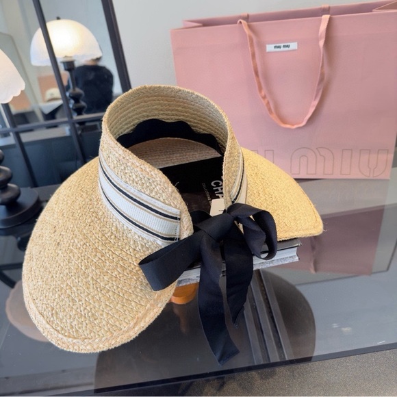 👒 Miu Miu Woven Raffia Empty Top Sun Visor Hat - Picture 4 of 5